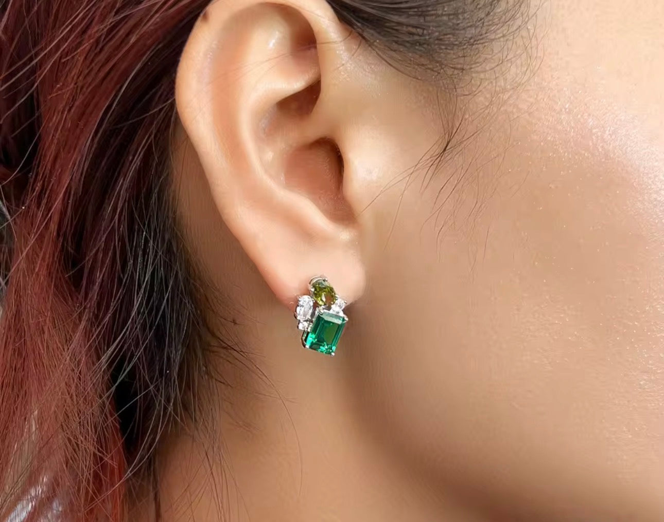 925純銀立方氧化鋯人造寶石翡翠綠色耳環
