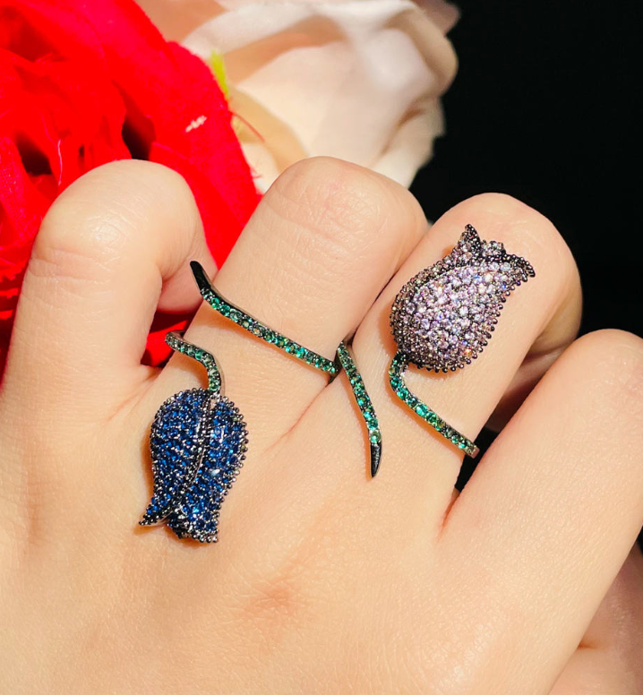 黑槍電鍍粉色皇家藍玫瑰花鋯石開口戒指 | 訂婚派對女士飾品