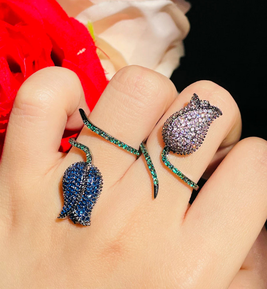 黑槍電鍍粉色皇家藍玫瑰花鋯石開口戒指 | 訂婚派對女士飾品