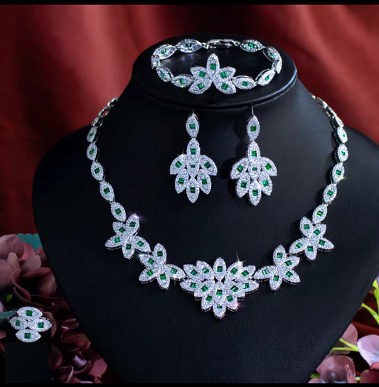 4 件葉形立方氧化鋯新娘套裝 - 綠色珠寶婚宴晚會款(可租賃)