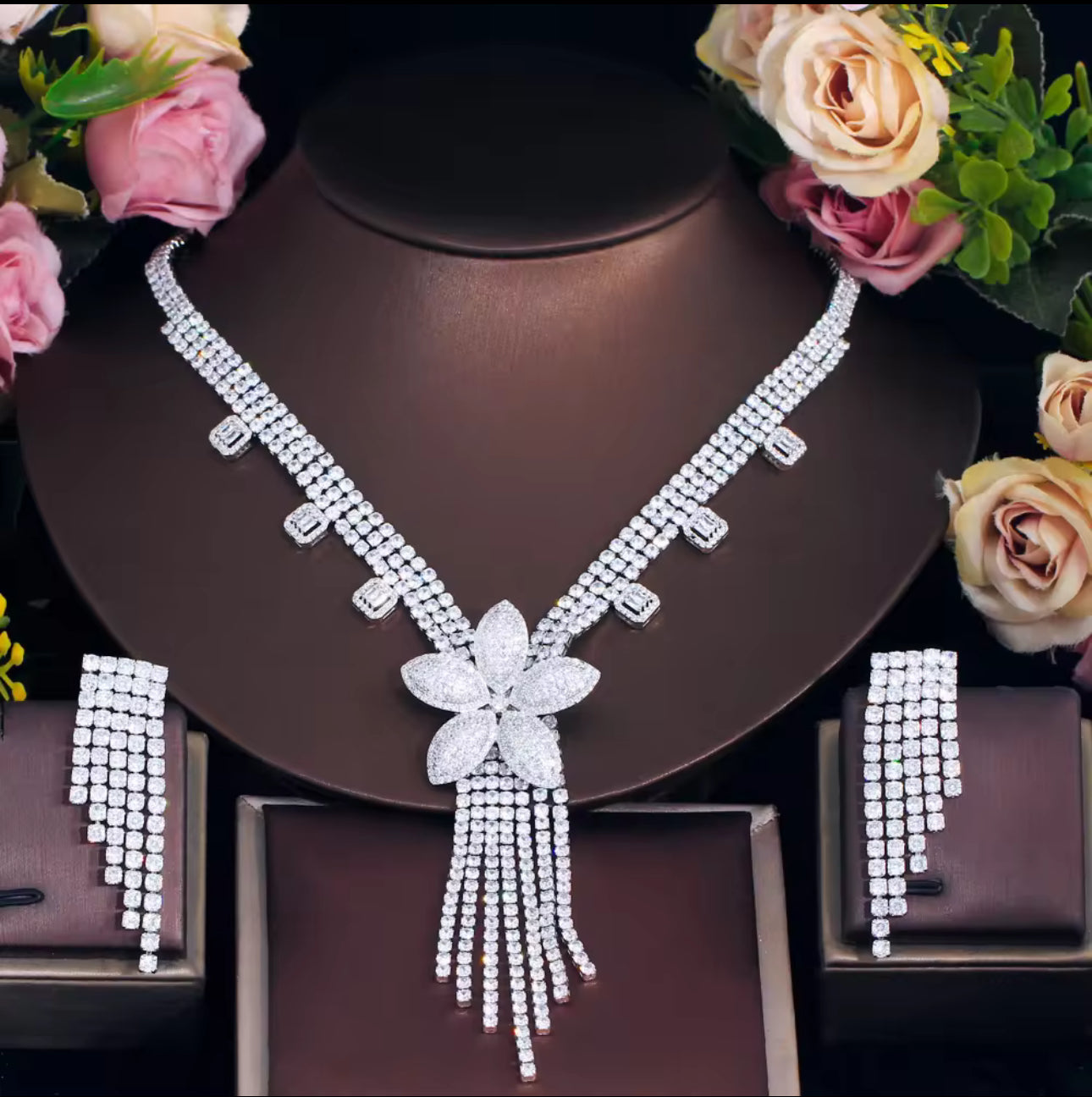 立方鋯石銅制新娘飾品組合 - 大花造型婚禮晚宴套裝