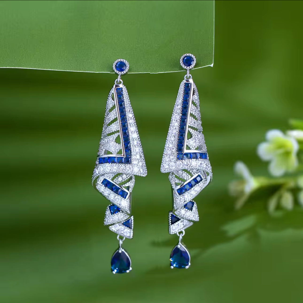 藍色立方氧化鋯長耳環 - 奢華婚禮派對垂墜款