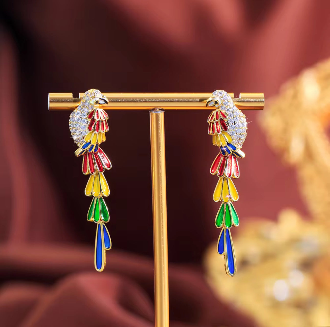 立方氧化鋯羽毛鳥耳墜 - 黃銅彩色長款女性派對耳環