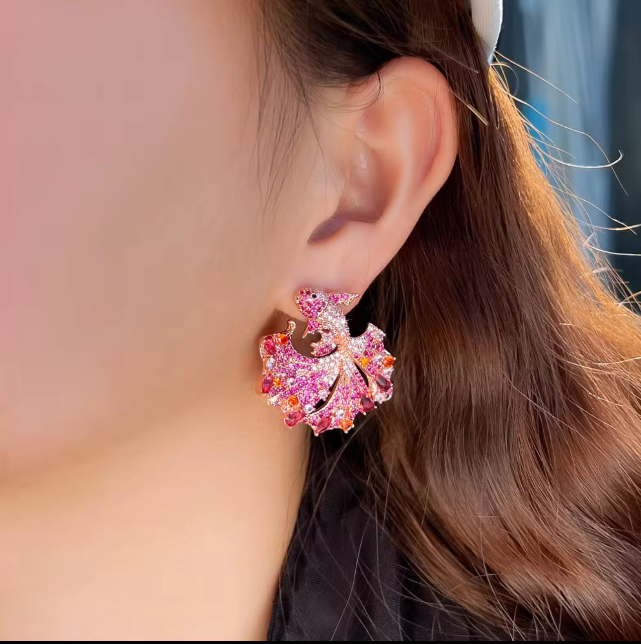 復古七彩粉紅色鋯石魚形耳環 - 精緻新娘派對大款