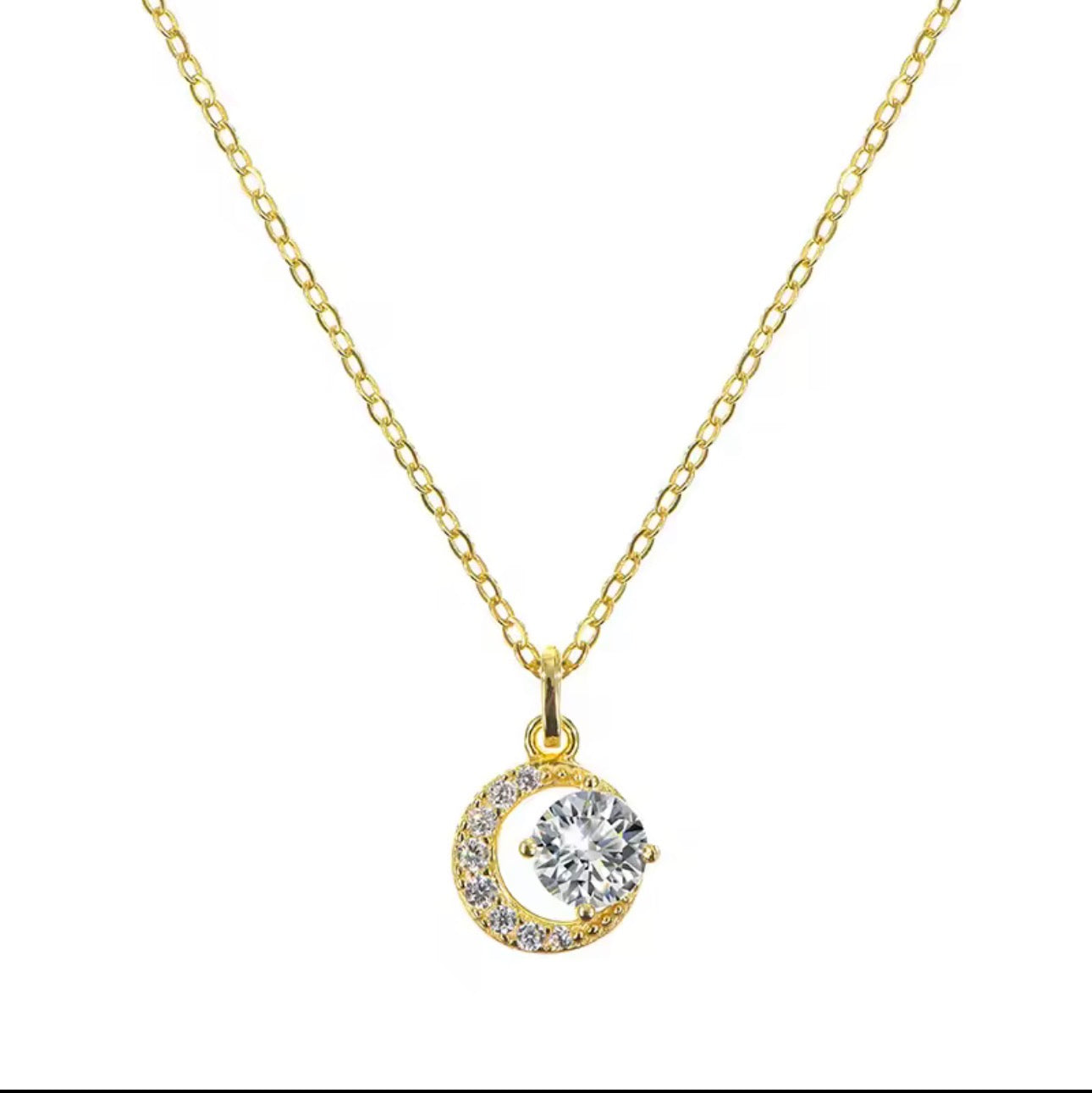 S925純銀14K鍍金鑲鑽迷你日月交替月牙吊墜項鏈