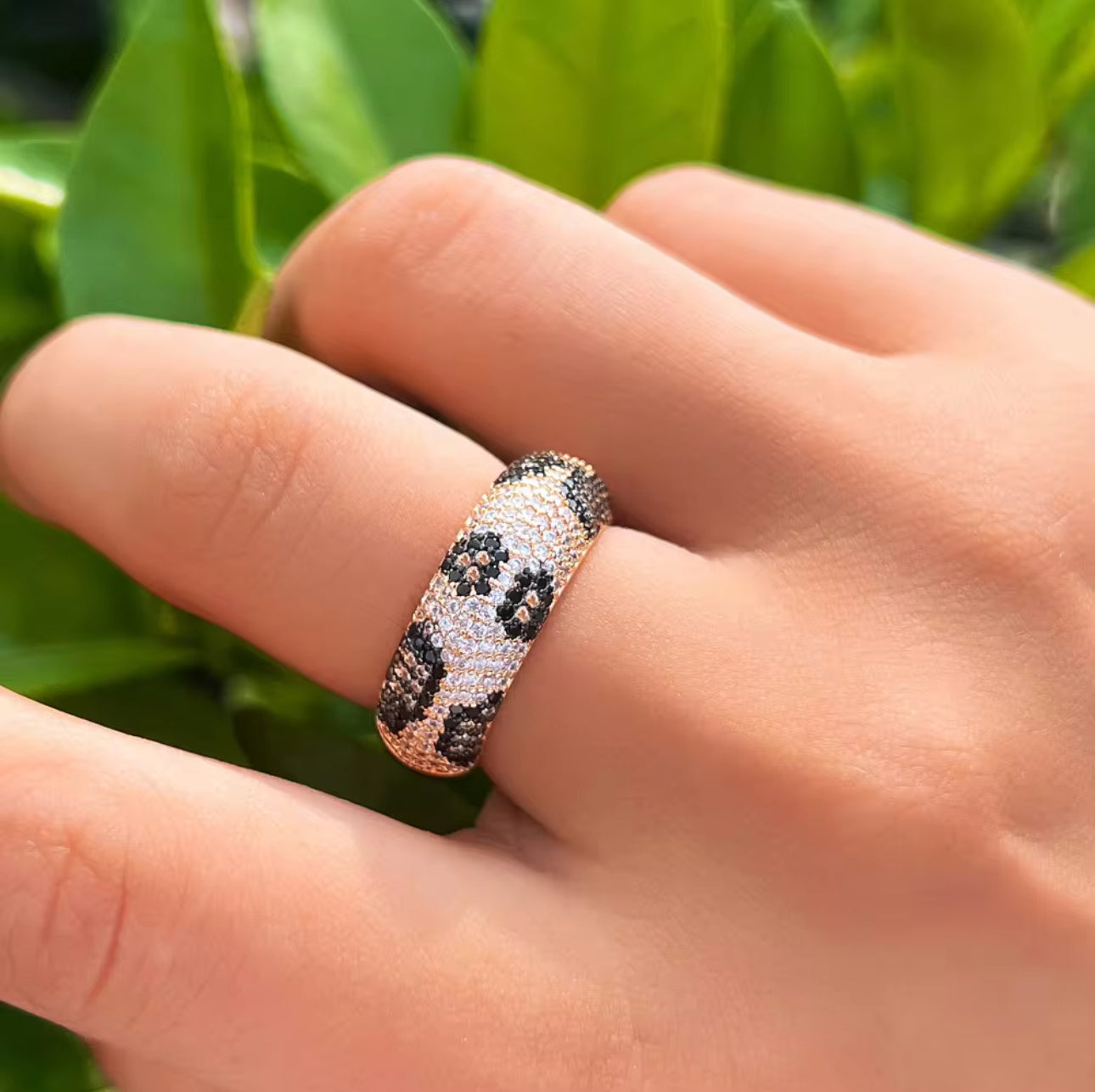 黑白立方鋯石蛇豹紋開口戒指 - 微鑲工藝派對婚禮款