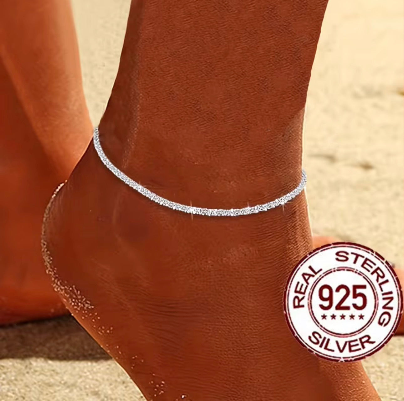 簡約925純銀彷真碎鑽沙灘腳鏈