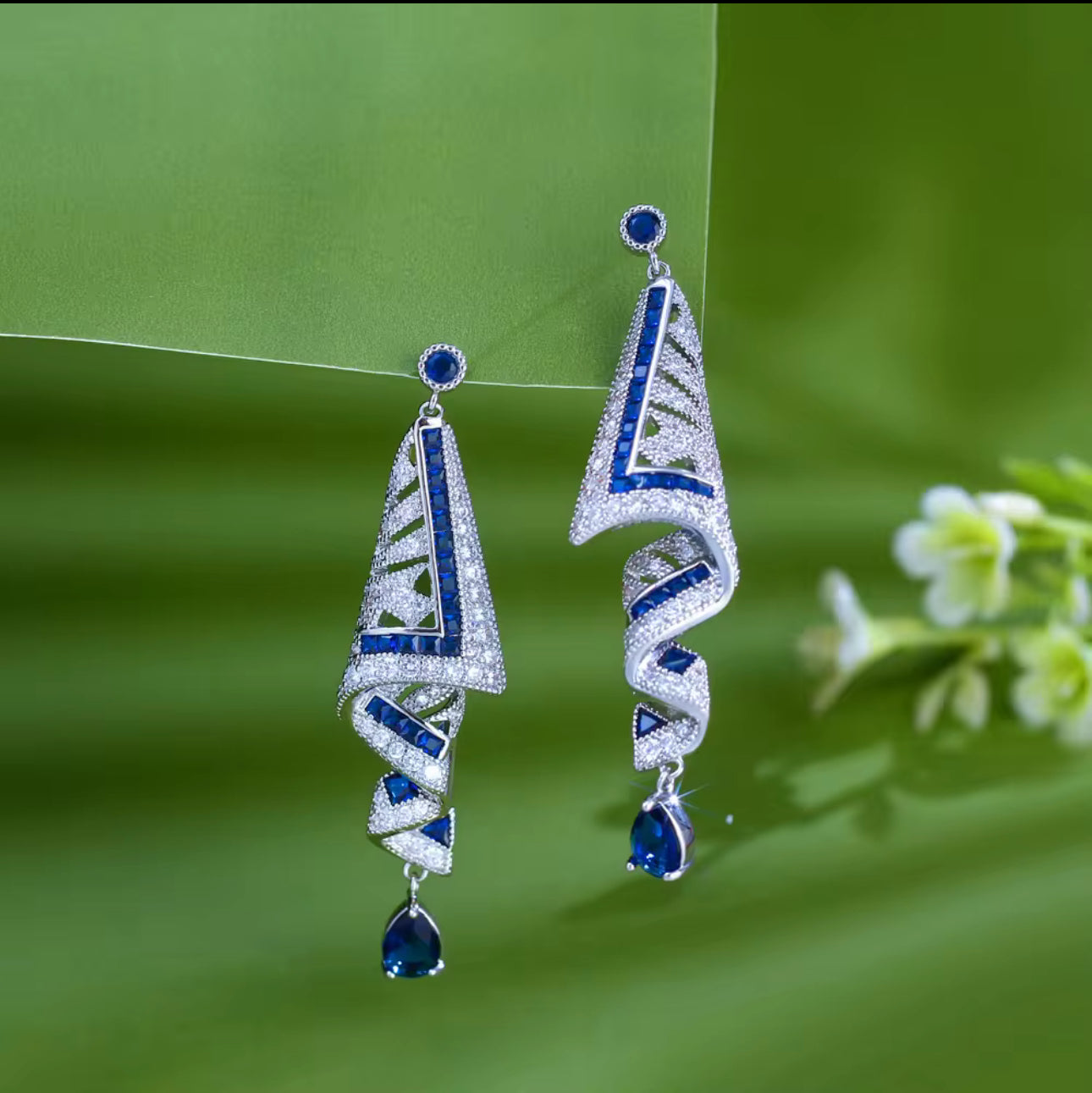 藍色立方氧化鋯長耳環 - 奢華婚禮派對垂墜款