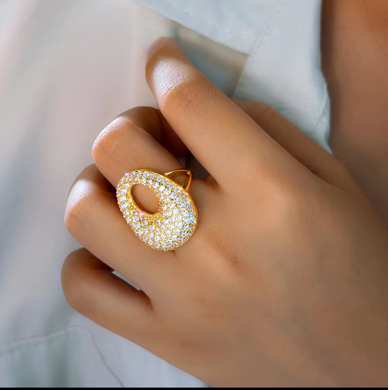 立方鋯石大蛋可調節戒指 | 金色銀色可選 | 時尚閃亮設計