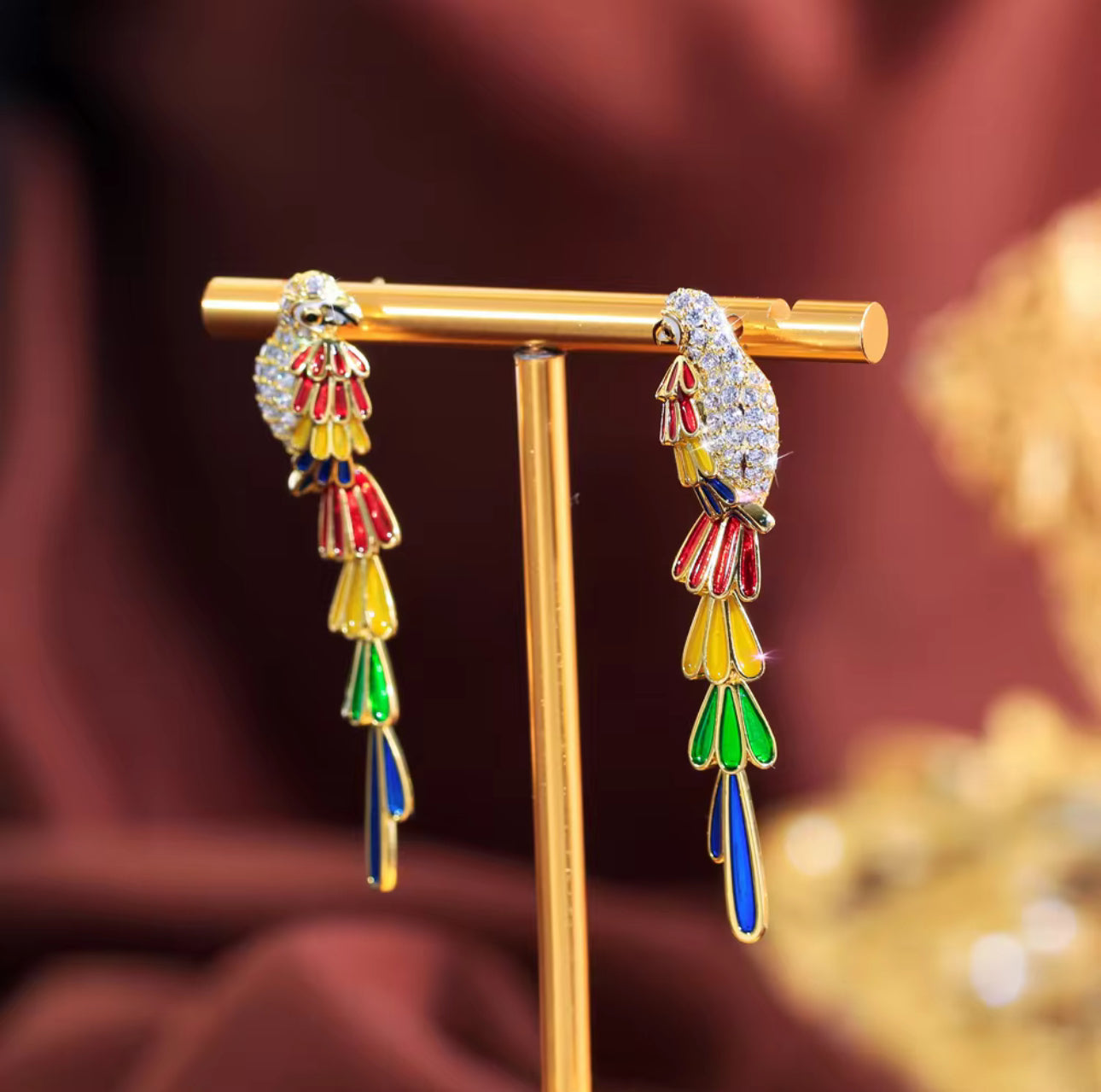 立方氧化鋯羽毛鳥耳墜 - 黃銅彩色長款女性派對耳環