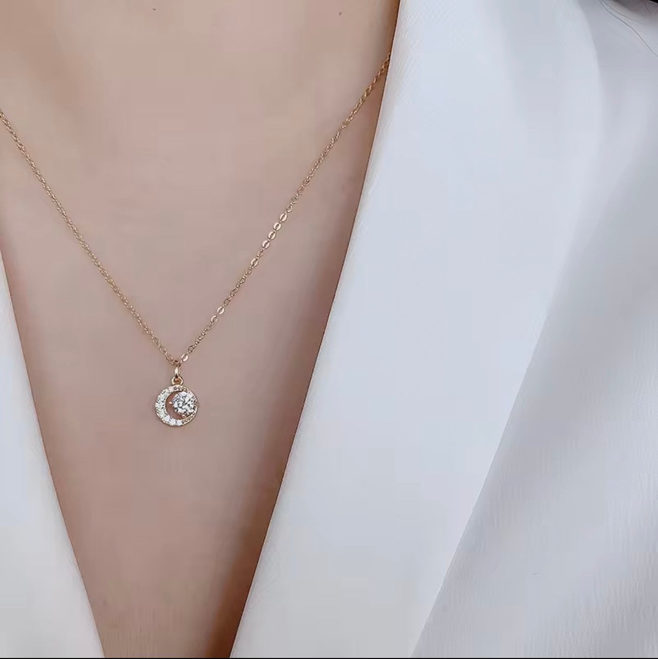 S925純銀14K鍍金鑲鑽迷你日月交替月牙吊墜項鏈