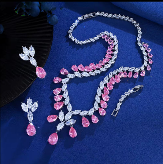 奢華立方氧化鋯水滴項鍊耳環套裝 - 璀璨新娘婚禮飾品