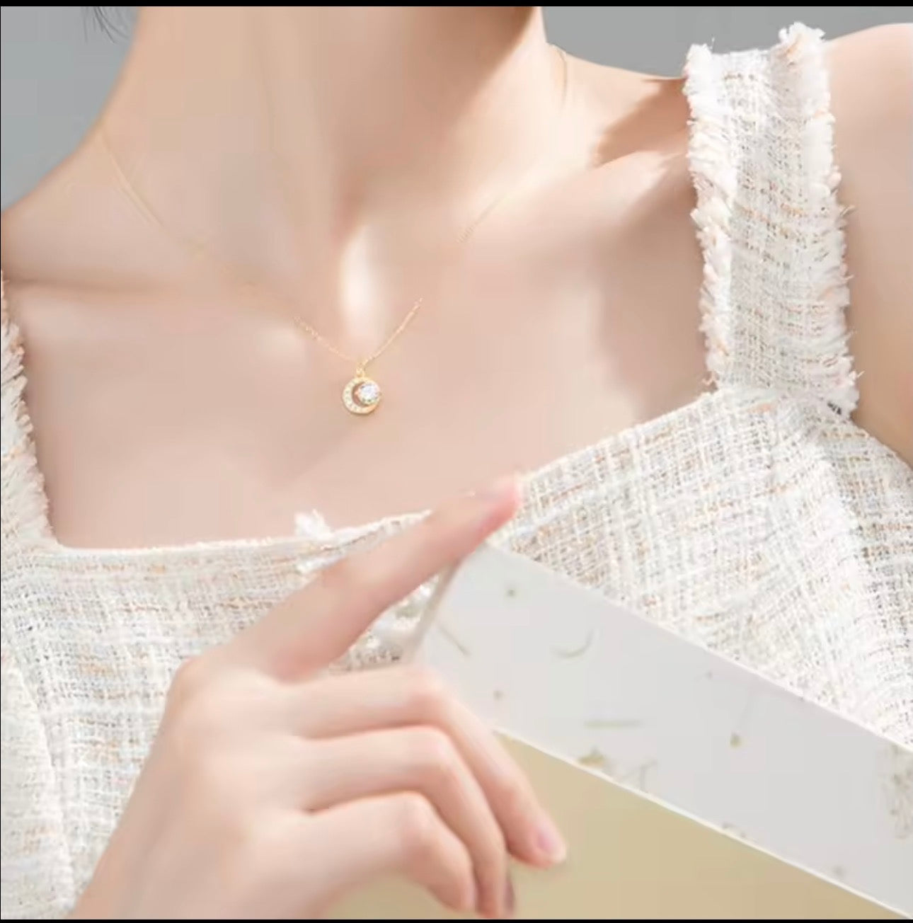 S925純銀14K鍍金鑲鑽迷你日月交替月牙吊墜項鏈