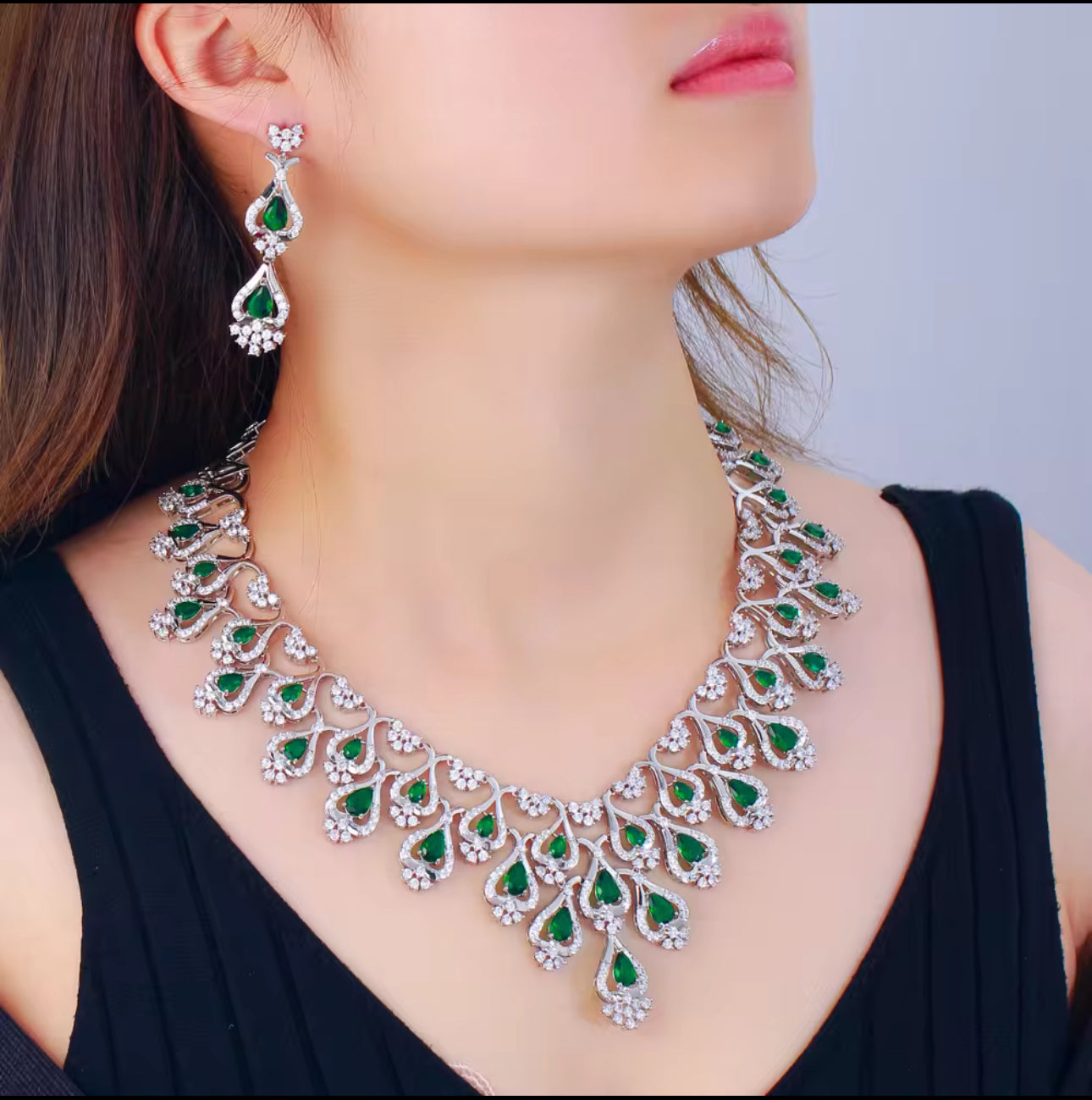 鍍銀氧化鋯項鍊耳環套裝 - 大綠色新娘婚禮飾品