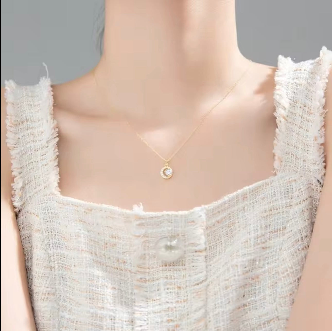 S925純銀14K鍍金鑲鑽迷你日月交替月牙吊墜項鏈