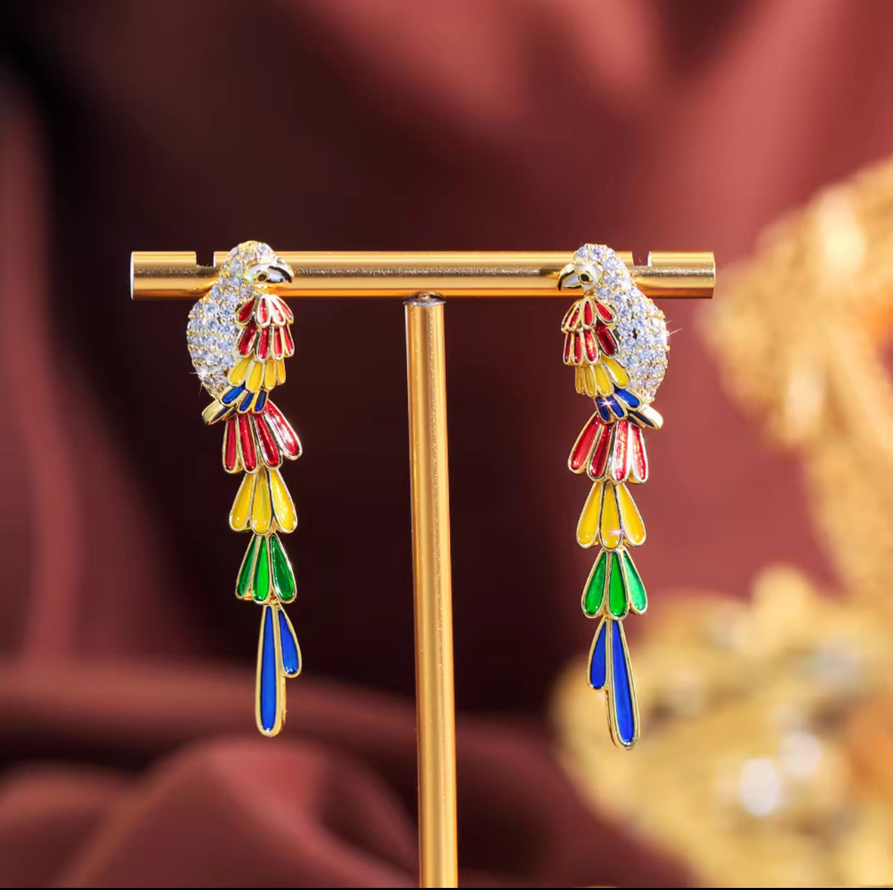 立方氧化鋯羽毛鳥耳墜 - 黃銅彩色長款女性派對耳環