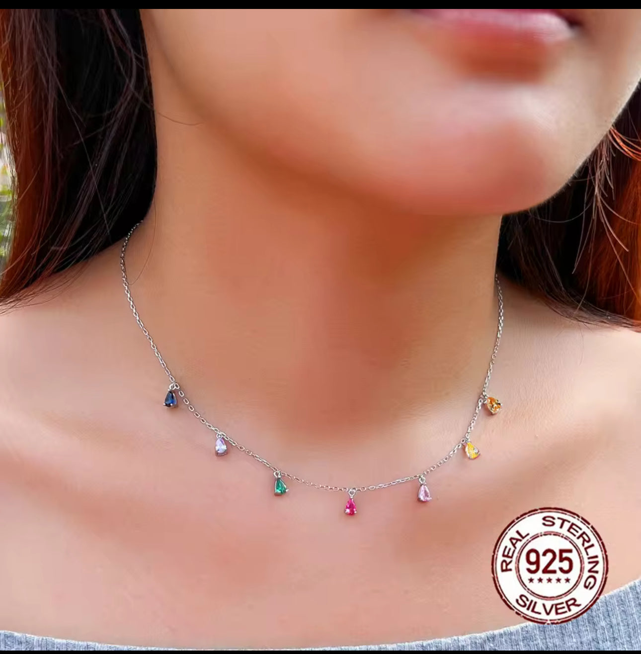 925 純銀波西米亞彩色水滴鋯石吊墜項鍊 - 別緻時尚款