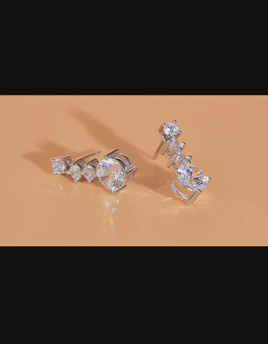 925純銀立方氧化鋯長耳環 - 閃亮圓形鑽石婚禮新娘耳環