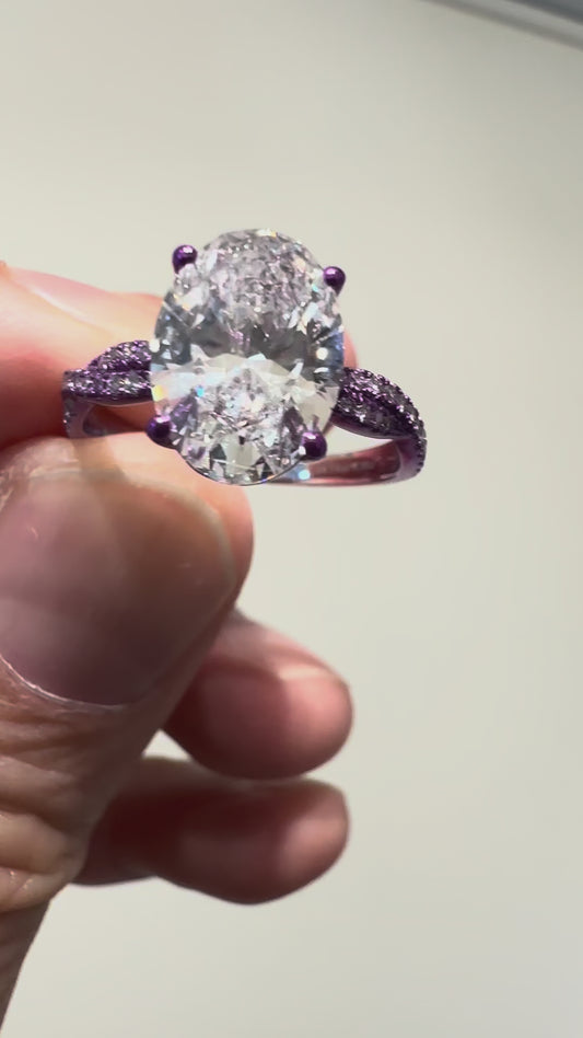 9K 3.08卡紫色電彩金欖型鑽石戒指￼